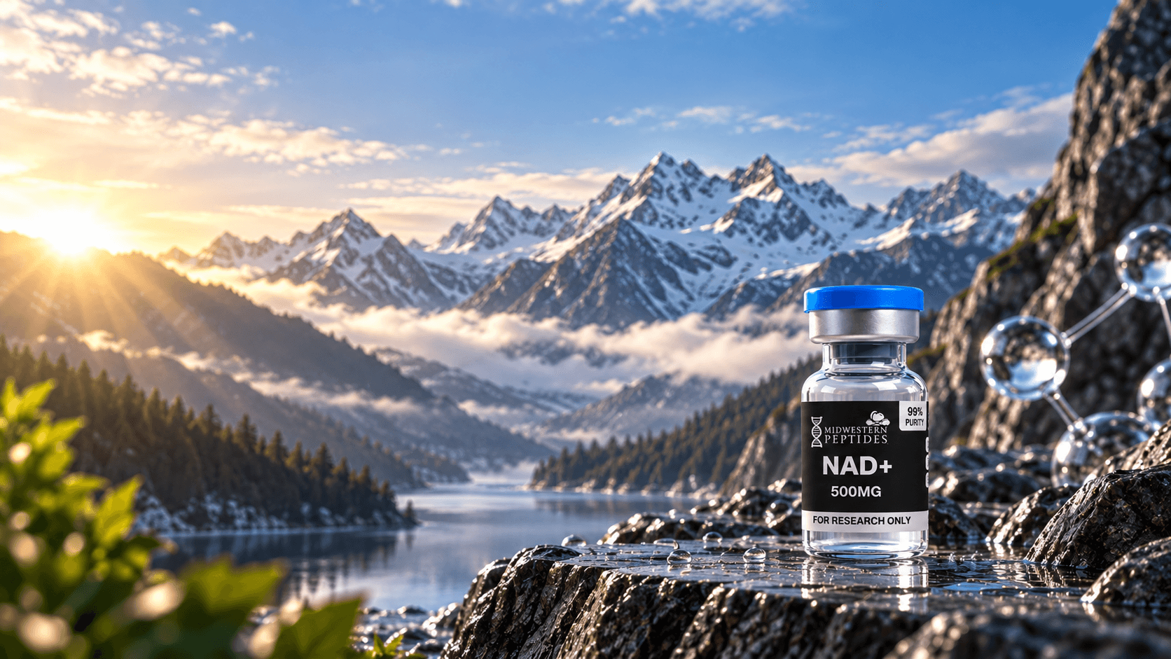 NAD+ 500mg research vial beside a mountain lake
