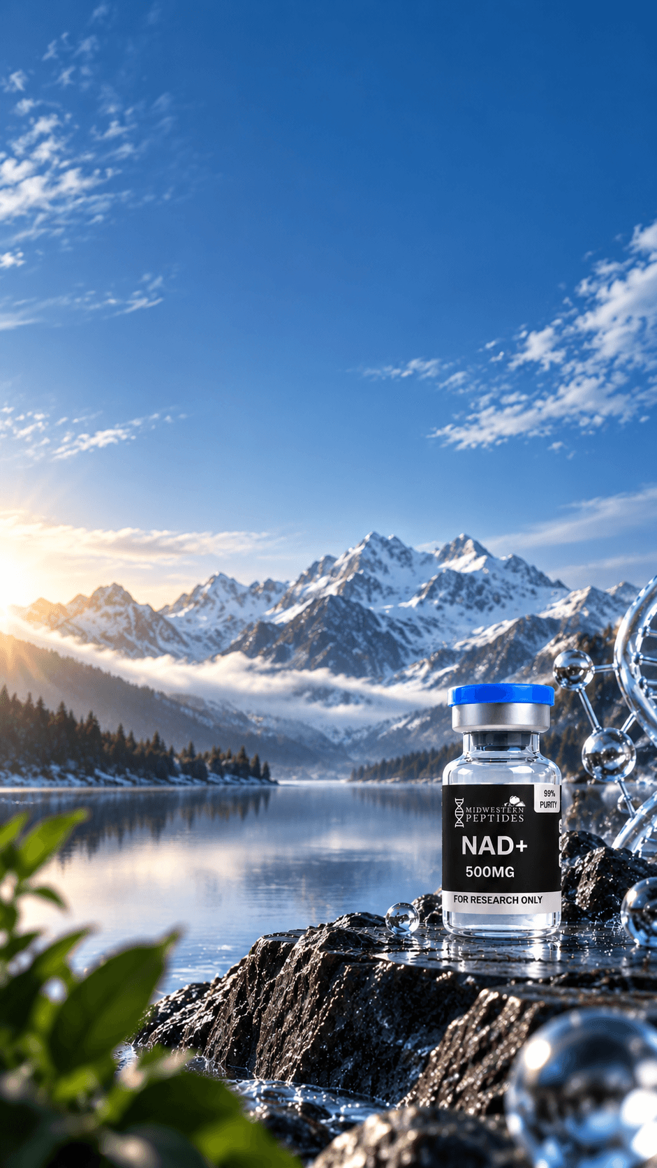 NAD+ 500mg research vial beside a mountain lake